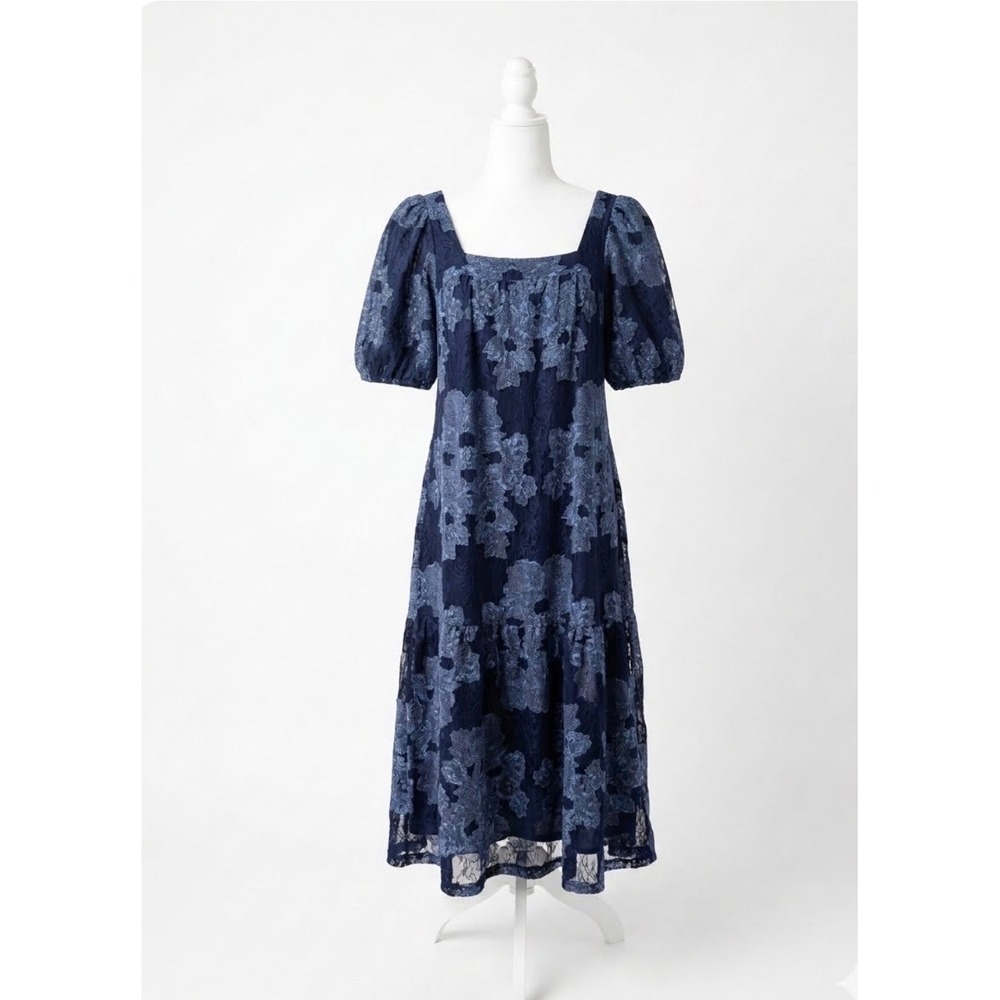 Wilfredโ Aritzia Alma Puff Sleeve Prairie Midi Navy Floral Boho Cottage Dress: M